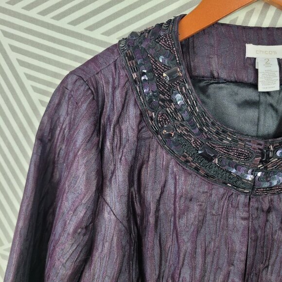 Chicos Size 2 Large Jacket Coat Crinkle Business Beaded Sequin collar Purple - Picture 2 of 4